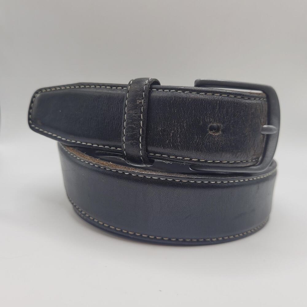 Polo Ralph Lauren Belt 38 Black Leather Stitched Gunmetal Buckle Casual Preppy